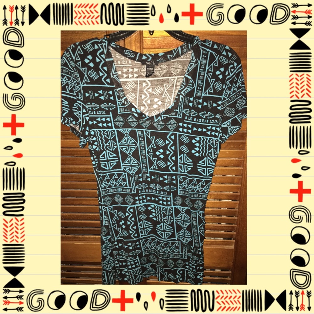 Blue Black Tribal Pattern V-Neck Shirt